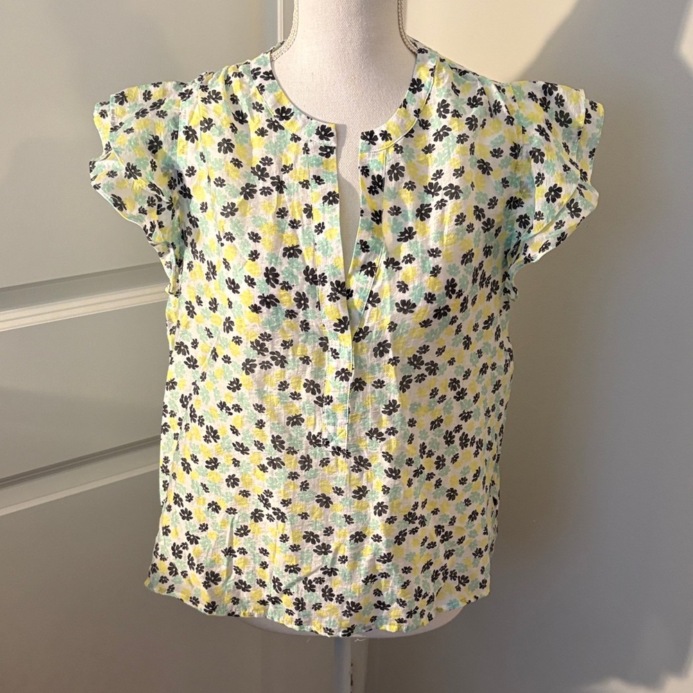 Floral Ruffle Sleeve Blouse - Yellow, Black and Green